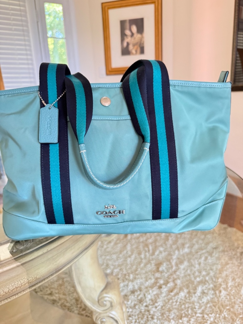 COACH CA208 Ellis Tote Bag Teal Nylon Medium Navy Cotton Straps Hang Tag - Picture 11 of 14